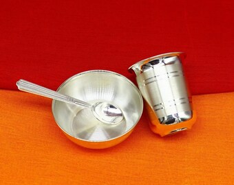 Fine Silver water milk glass and bowl, silver tumbler silver spoon, silver utensils, silver baby set, Silverware, Baby Silver Utensils Gift