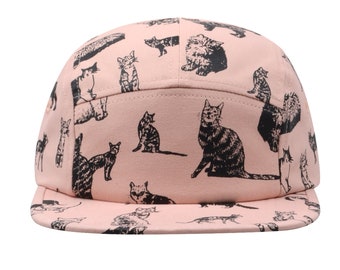 Navy blue cotton snapback hat Embroidered 5 panel hat Cat drawing cap Cat embroidery