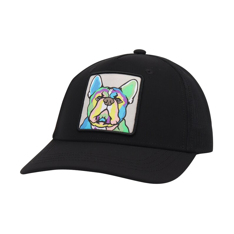Op de afbeelding: Zwarte truckercap met een kleurrijk grafisch patch van een Franse bulldog op de voorkant.