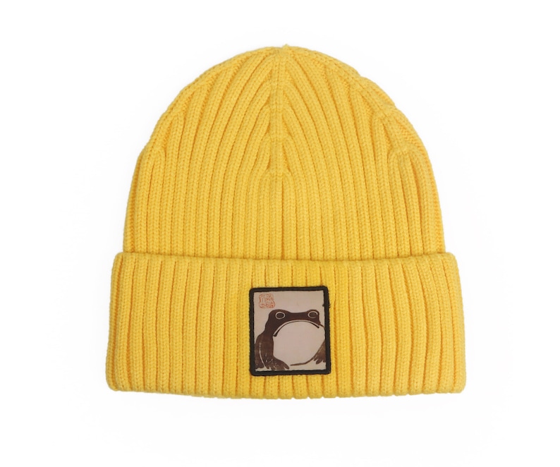May include: A yellow knitted beanie with a brown frog patch. The patch has the text "Little Frog Studio" on it.