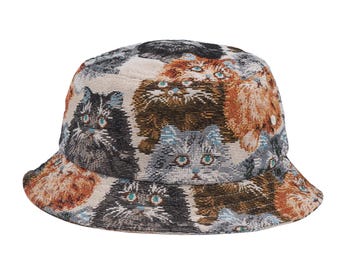 Sombrero de pescador con diseño de gato y tapiz vintage: sombrero jacquard Y2K. Phile Design