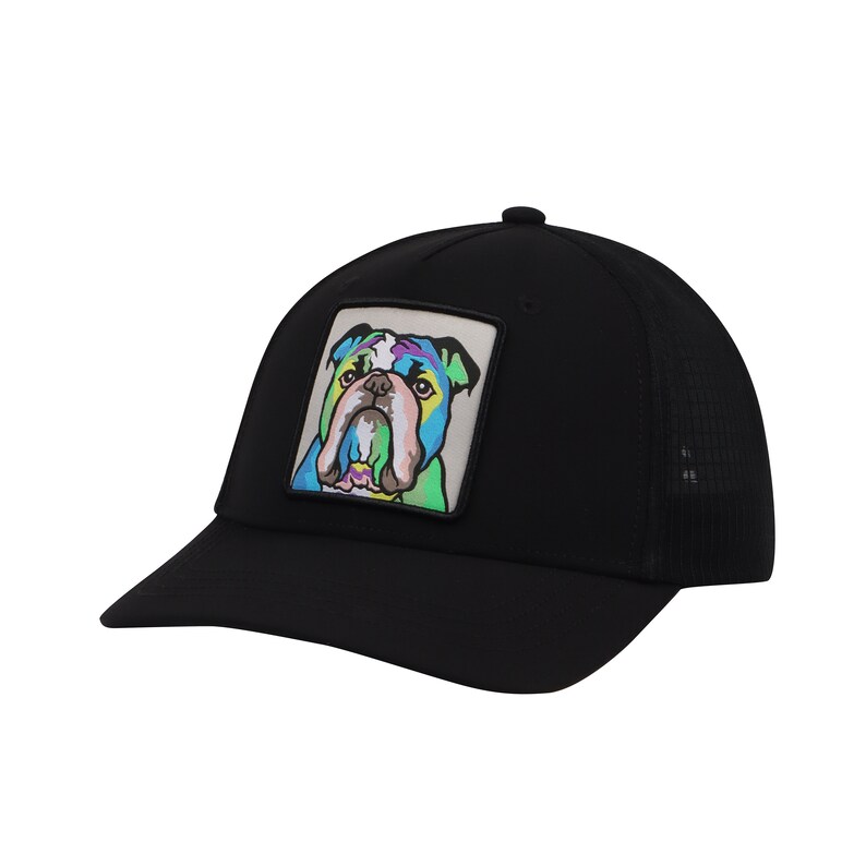 Op de afbeelding: Zwarte mesh truckercap met een kleurrijk bulldog-patch op de voorkant. De bulldog is geschilderd in tinten blauw, groen, roze en geel.