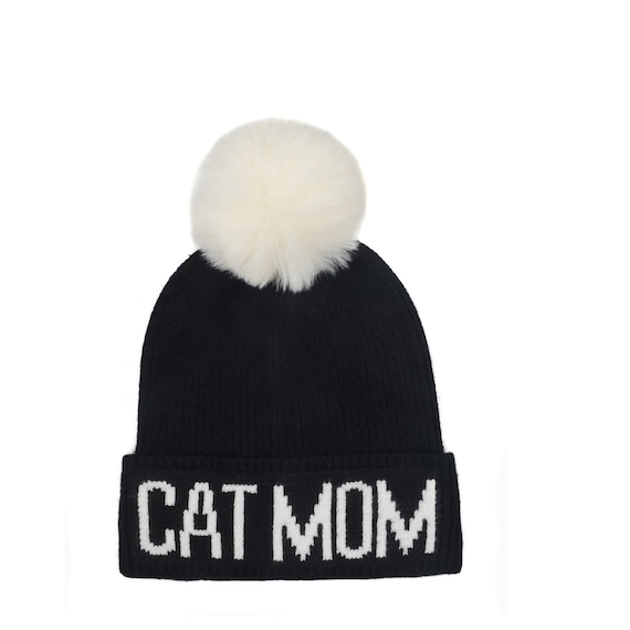 Hatphile Cat Mom Faux Fur Pompom Knit Beanie Skully Toque