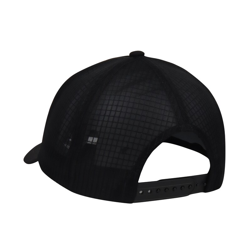 Op de afbeelding: Zwarte mesh trucker cap met een zwarte verstelbare band.