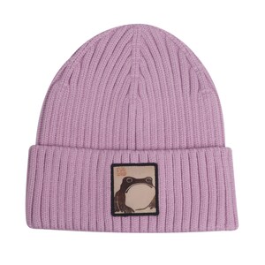 May include: A light purple knitted beanie with a brown frog patch. The patch has Japanese characters on it.