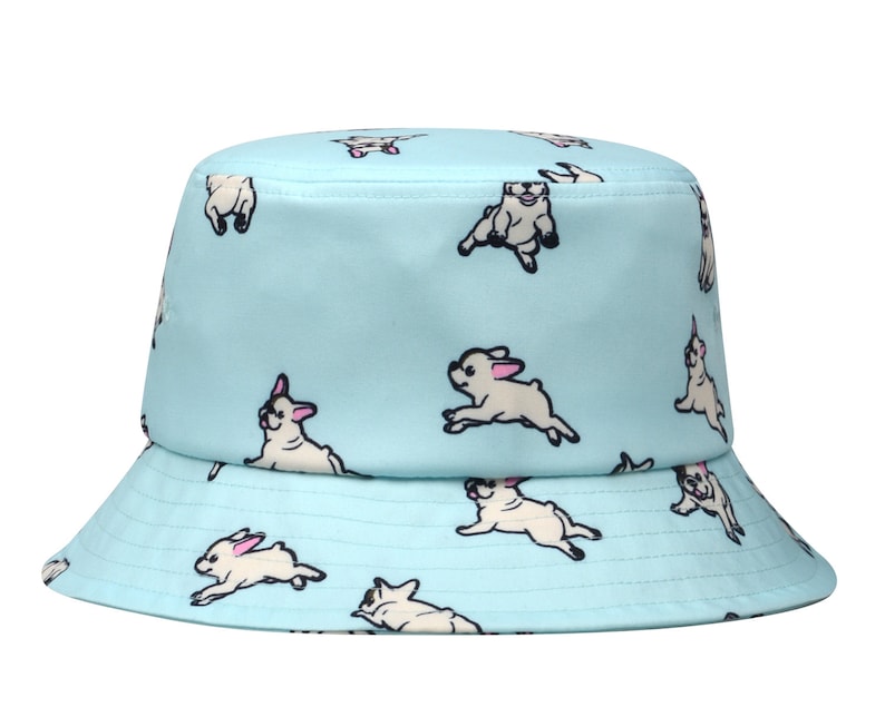 May include: A light blue bucket hat with a white French bulldog pattern. The hat has a wide brim and a flat crown.