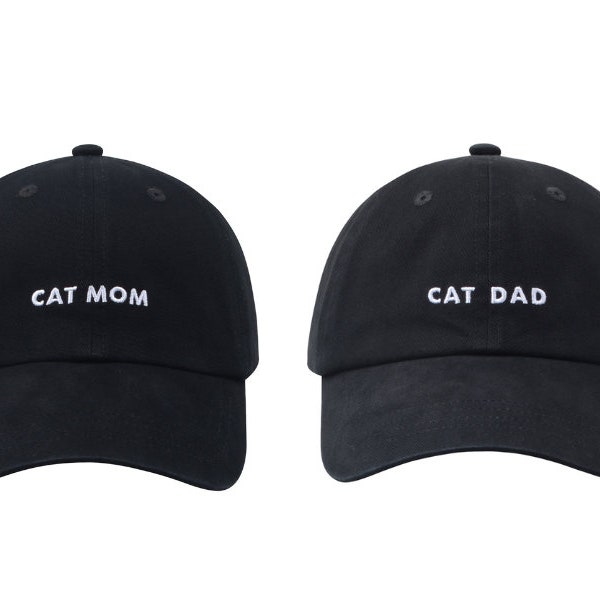 Hatphile: Cat Mom & Cat Hats for Proud Cat Parents | Embroidered Text Cat Dad or Cat Mom - Adjustable Fit - 100% Cotton