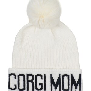 Hatphile Corgi Mom Corgi Dad Knit Beanie Skully Toque Corgi Mom White