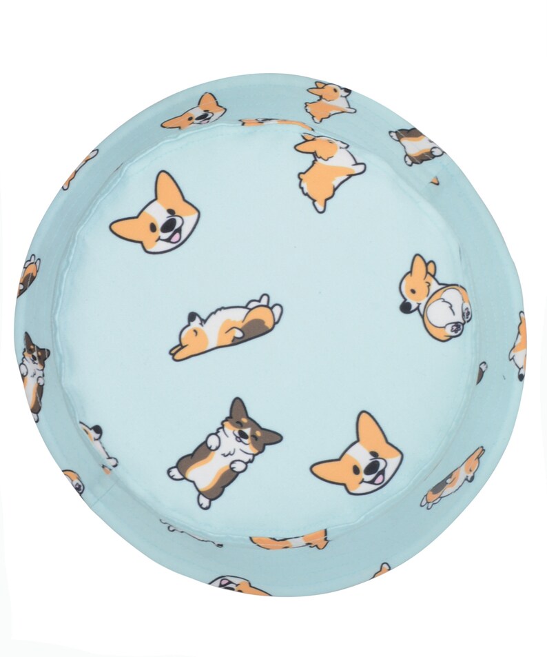 May include: A light blue bucket hat with a pattern of cartoon corgis in various poses. The corgis are brown, white, and orange.