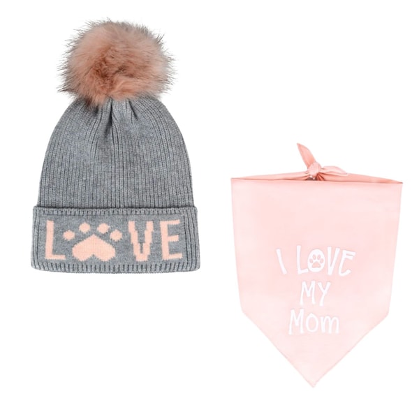 Hatphile Dog Lover Gift Love Paw Faux Fur Pompom Knit Beanie Skully Toque + I Love My Mom Dog Bandana