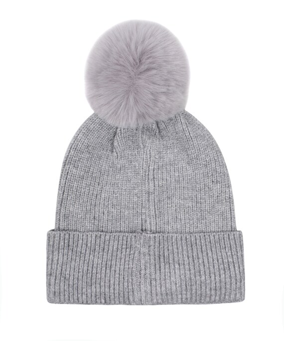 Hatphile Dog Mom Beanie - Stretchy Knit Hat With Faux Fur Pompom, Grey With White 'Dog Mom' Text