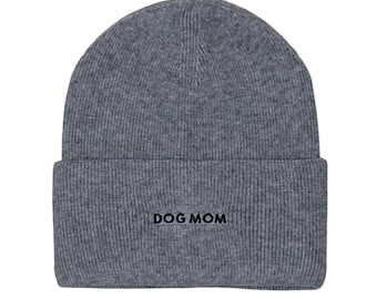 May include: Gray knitted beanie with a black embroidered "DOG MOM" on the front.