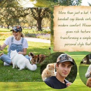 May include: A baseball cap with a cat design. The cap is worn by a person sitting on the grass with several cats. The cap has a woven jacquard fabric. The text on the image says, "More than just a hat, this jacquard cat baseball cap blends vintage artistry with modern comfort."
