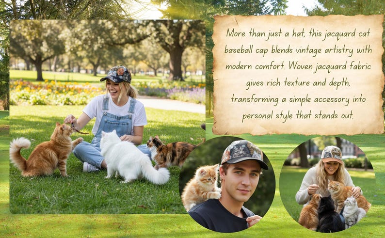 May include: A baseball cap with a cat design. The cap is worn by a person sitting on the grass with several cats. The cap has a woven jacquard fabric. The text on the image says, "More than just a hat, this jacquard cat baseball cap blends vintage artistry with modern comfort."