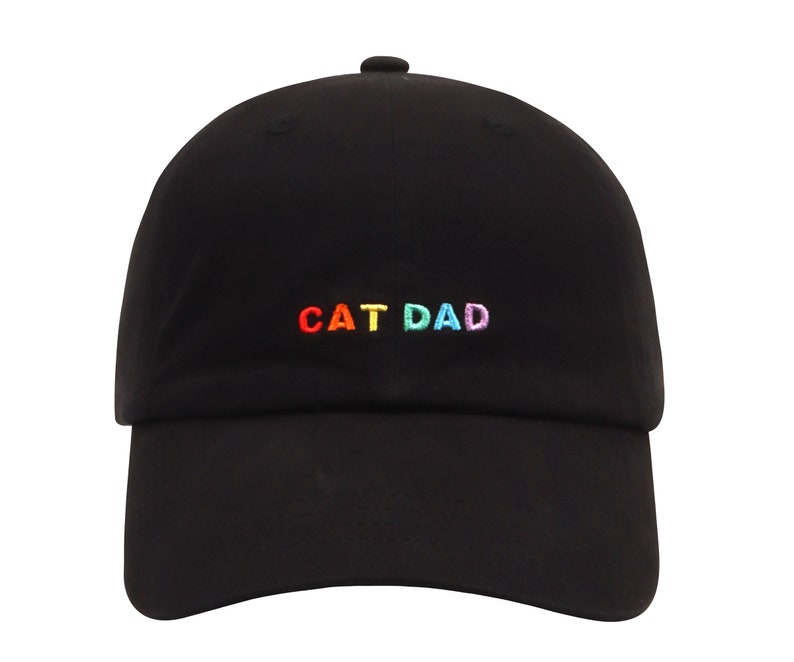May include: Black baseball cap with a rainbow embroidered "CAT DAD" on the front.