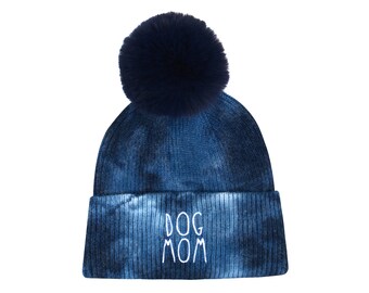 Dog Mom Tie-Dye Pom Pom Beanie – Cozy Knit Hat for Dog Lovers