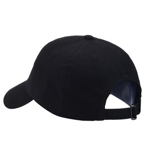 May include: A black baseball cap with a curved brim and an adjustable strap.