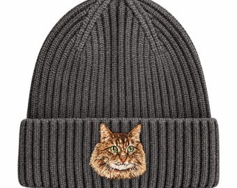 Long Haired Cat Beanie – Embroidered Fluffy Cat Knit Hat
