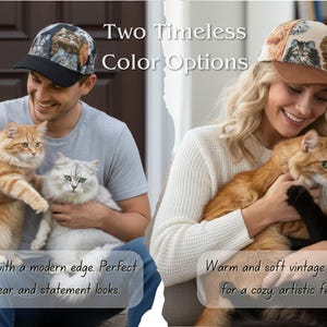 May include: Two baseball caps with cat designs are shown. One cap has a black brim and a cat print, the other has a brown brim and a cat print. The image shows two people holding cats.