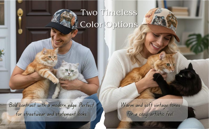 May include: Two baseball caps with cat designs are shown. One cap has a black brim and a cat print, the other has a brown brim and a cat print. The image shows two people holding cats.