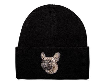 May include: Black knit beanie with a brown and white embroidered French bulldog face.