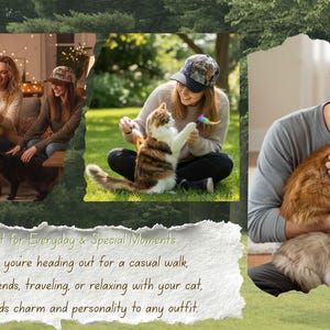 May include: A brown and tan baseball cap is featured in multiple scenes with people and cats. The cap is worn by several individuals in various settings, including indoors and outdoors. The image suggests a theme of casual wear and pet companionship.