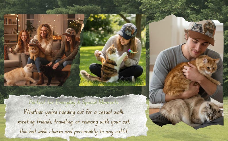 May include: A brown and tan baseball cap is featured in multiple scenes with people and cats. The cap is worn by several individuals in various settings, including indoors and outdoors. The image suggests a theme of casual wear and pet companionship.