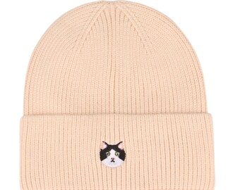 Tuxedo Cat Beanie – Embroidered Black & White Cat Knit Hat
