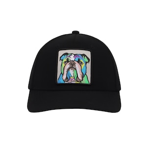 May include: Black trucker hat with a colourful bulldog patch on the front.