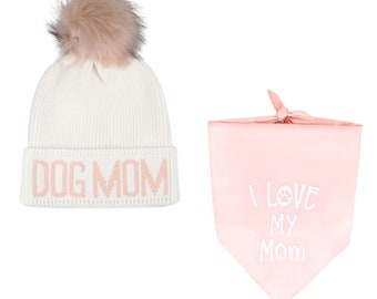 Hatphile Dog Mom Gift Faux Fur Pompom Knit Beanie Skully Toque + I Love My Mom Dog Bandana