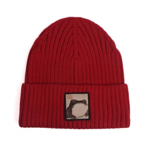 May include: Red knitted beanie with a brown frog patch and the text "FROG LIFE" in Japanese characters.