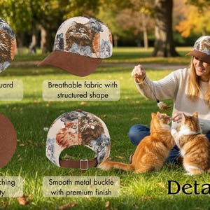 May include: A baseball cap with a cat tapestry design. The cap features a brown brim and a metal buckle. The cap is made with breathable fabric and reinforced stitching. The image also shows details of the cap's jacquard weaving.