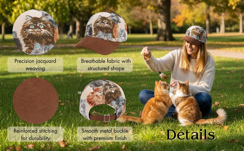 May include: A baseball cap with a cat tapestry design. The cap features a brown brim and a metal buckle. The cap is made with breathable fabric and reinforced stitching. The image also shows details of the cap's jacquard weaving.