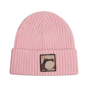 May include: A pink knitted beanie with a brown frog graphic patch. The patch has the text "Think Big" in a small font.