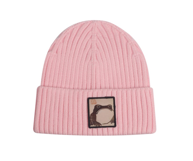 May include: A pink knitted beanie with a brown frog graphic patch. The patch has the text "Think Big" in a small font.