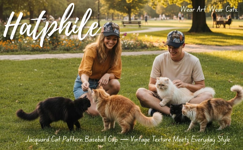 May include: A couple wearing matching baseball caps with a cat pattern, sitting on the grass with several cats. The caps have a vintage texture. The image includes the text "Hatphile" and "Wear Art. Wear Cats."
