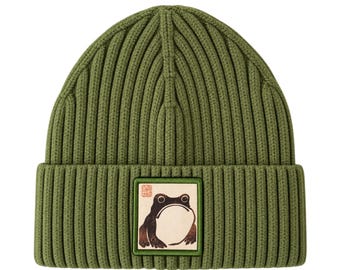 Matsumoto Hoji Frog Beanie, Japanese Art Knit Hat, Frog Lover Gift, Woven Patch
