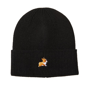 May include: Black knit beanie with a small embroidered image of a brown and white corgi.