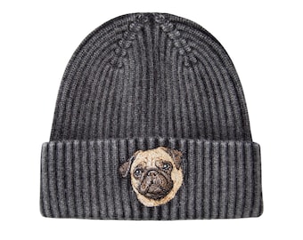 Pug Embroidery Knit Beanie - Vintage Style Winter Hat