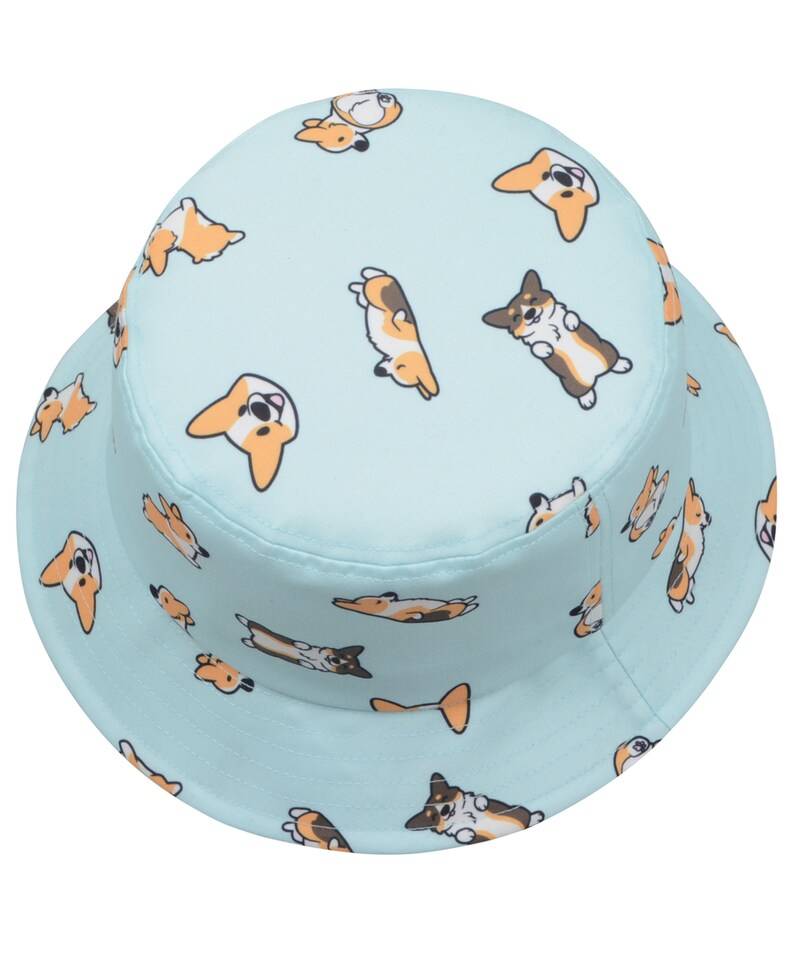 May include: A light blue bucket hat with a pattern of cartoon corgis in various poses. The corgis are brown, black, and white.