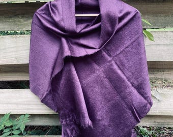 Alpaca Wool Shawl Purple Reversible Ultra Soft Wrap Small Batch Artisan Made Large Woven Scarf or Stole With Fringe. 25in x 70in