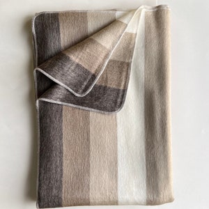 May include: A folded blanket with a striped pattern in shades of brown, tan, and white. The blanket has a soft, textured appearance and is edged with a white stitched border. The color palette is neutral and warm.