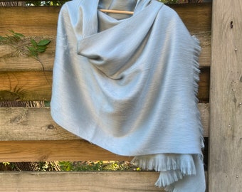 Silver Blue Alpaca Wool Shawl | Lightweight Woven Scarf with Fringe