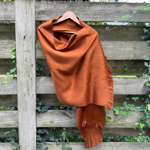 Puede incluir: Un chal de color óxido hecho de material suave, colgado de una percha de madera contra una valla de madera. El chal tiene un diseño drapeado con un borde con flecos. El fondo presenta hiedra verde.