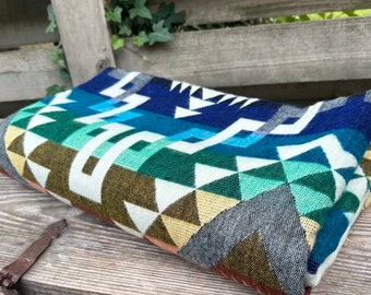 Alpaca Wool Blanket Queen size - multicolor Unique gift - Geometric pattern with blue  and earth colors