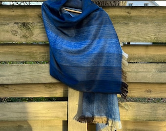 Alpaka Schal Multicolor Saphire Blautöne mit Braun und Khaki und Beige