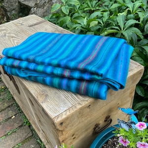 Alpaca Throw Blanket Blue Turquoise with multicolor stripes