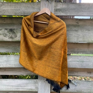 Alpaca Shawl Ochre | Ultra Soft Wool Wrap | Small Batch Artisan Made Large Woven Goldenrod Scarf or Stole With Black Fringe | 25in x 70in