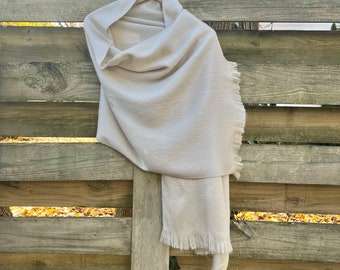 Beige Alpaca Wool Shawl | Almond Beige Woven Scarf with Fringe