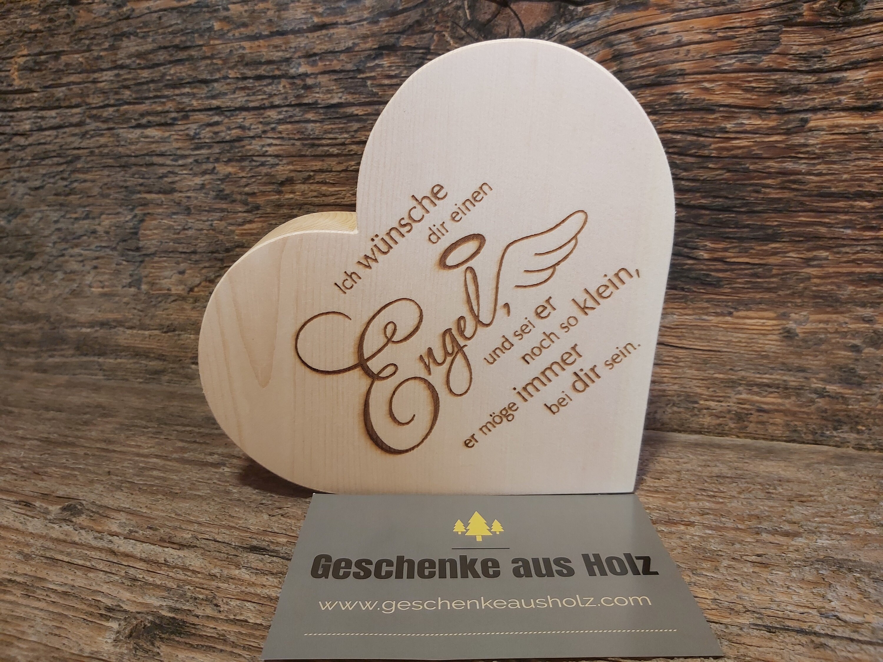 Ich wünsche dir einen Engel Herz aus Zirbe eingravierter Spruch